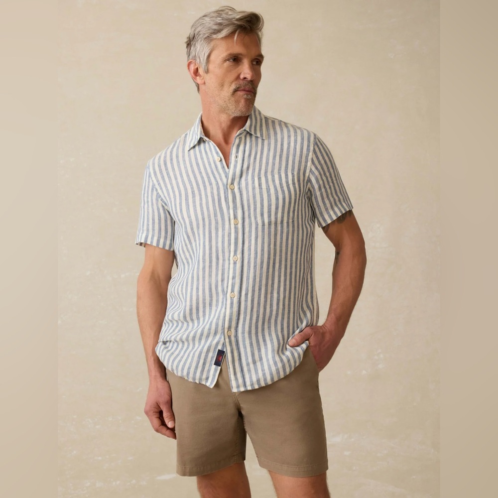 Faherty Men’s Palma Linen Short Sleeve Shirt Horizon Ivory Stripe Size Large